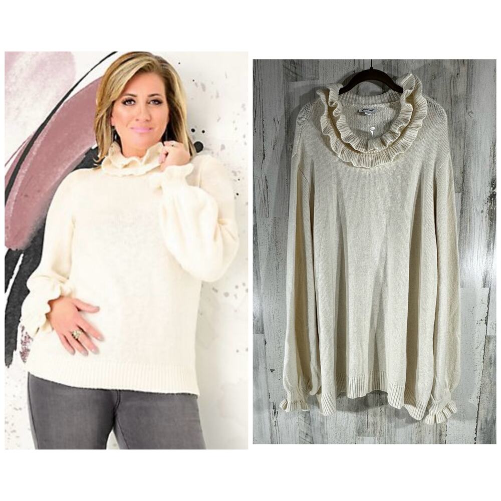 Studio Park X Shaun Killinger Ruffle Neck‎ Wrist Sweater Size 5X Cream Ivory